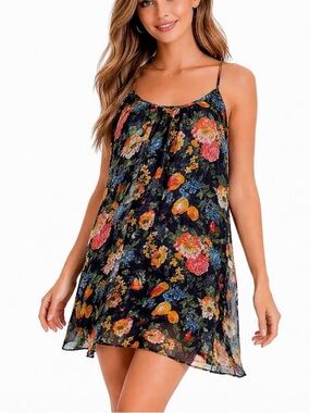 PINS & NEEDLES tunic dress top Floral Slip Dress SZ L Lined Sheer Boho UO